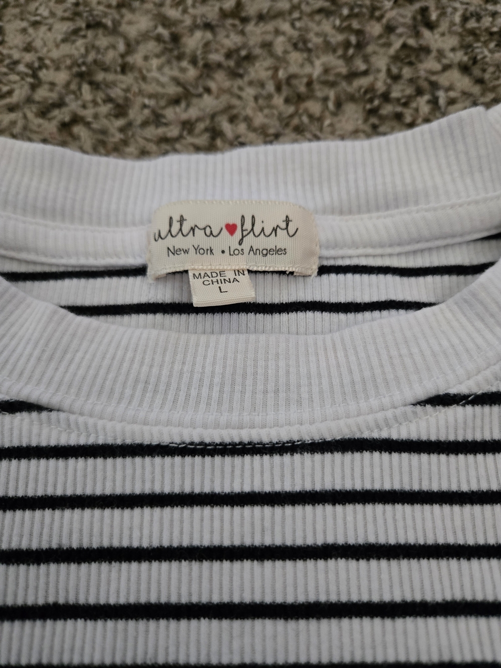 Ultra Flirt Black and White Striped Ribbed Crew Sweater